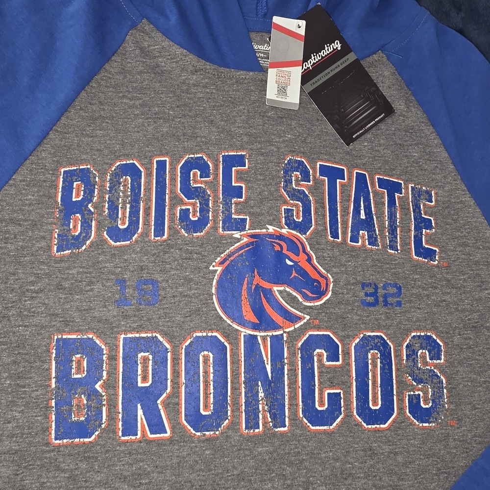 NWT Boise State Broncos Hooded Raglan T-Shirt Gray & Blue New Size Medium
